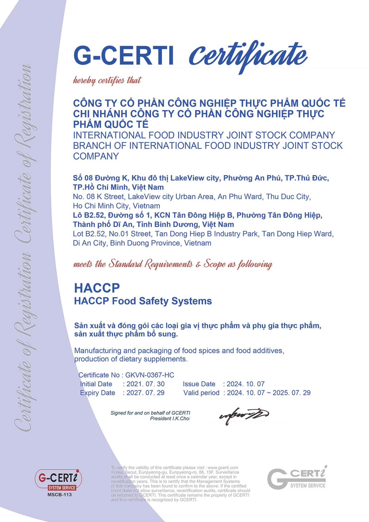 chứng nhận HACCP 2025 Thực Phẩm Quốc Tế